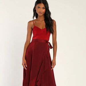 NWT Lulus Double Darling Burgundy Color Block Satin Ruffled Maxi